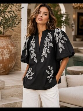 Rain Embroidered Black Puff-Sleeve Women's Top NWOT
